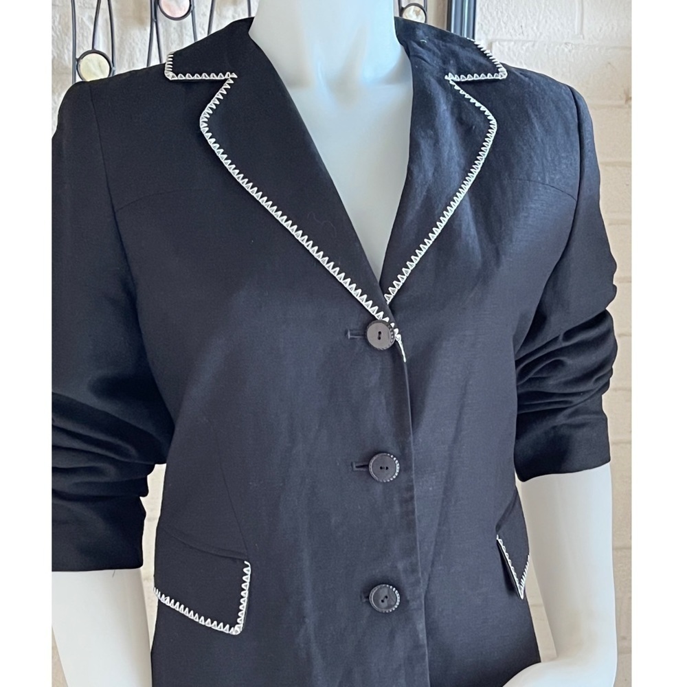 Larry Levine Linen Midi Coat Black White Stitching Trim Size 6 - Picture 4 of 10